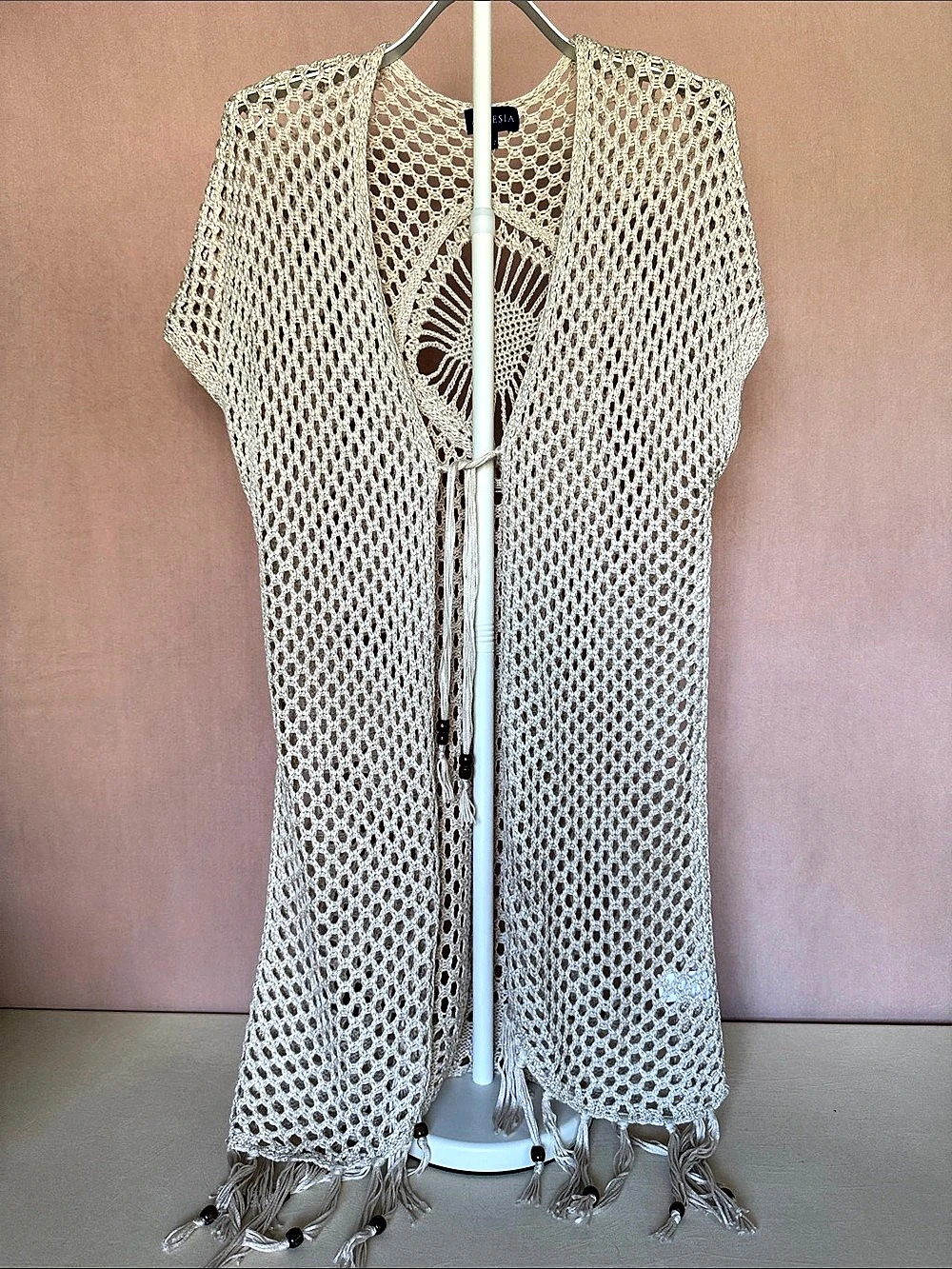 Artesia Bohemian Crochet Fringe Open Knit Longline Vest Cream Large